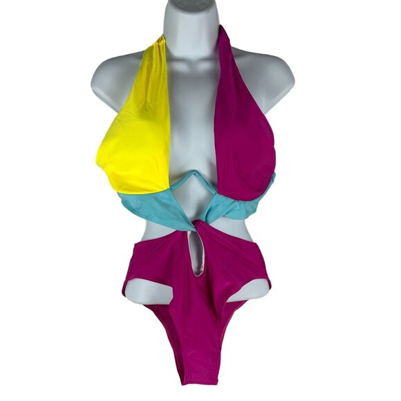 Colorblock Halter Cutout One-Piece Swimsuit With Tie & Clasp Closure Size M - Picture 1 of 5